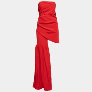 David Koma Red Taffeta Strapless Ruched Asymmetrical Mini Dress M