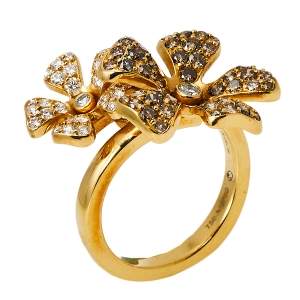 DeBeers Wildflower Diamond 18K Yellow Gold Double Flower Ring Size 54
