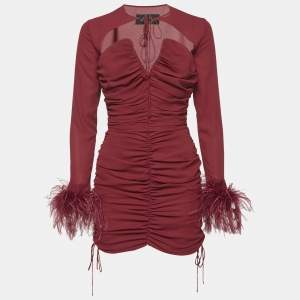 Pre Owned فستان دي لا فالي مامي شيفون مزين بالريش وزركشة أحمر مقاس متوسط (ميديوم)