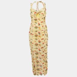 مملوكة مسبقًا De La Vali Dress Yellow Floral Print Crepe Ruched Maxi Dress M