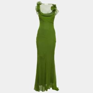 Pre Owned De la Valli Green Chiffon Ruffle Sleeve Dress XS
