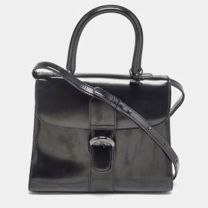 Delvaux Black Glossy Leather Brillant Sellier MM Top Handle Bag