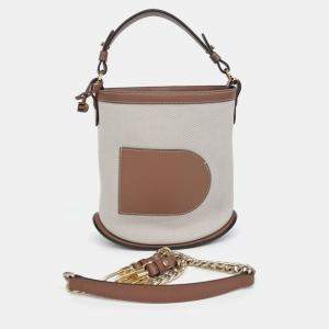 Pre Owned Delvaux Brown White Fabric and Leather Pin Mini Bucket Bag & Strap