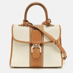Pre Owned Delvaux Brown/Beige Leather and Raffia Brillant Top Handle Bag