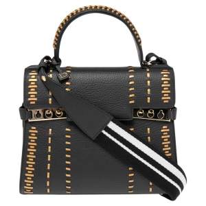 Delvaux Black Tribal Stitch Leather MM Le Tempête Top Handle Bag