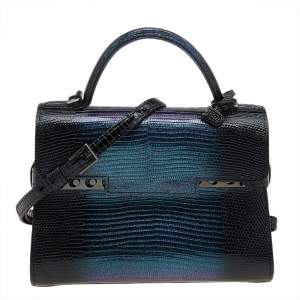 Delvaux Black Iridescent Lizard Tempete PM Top Handle Bag