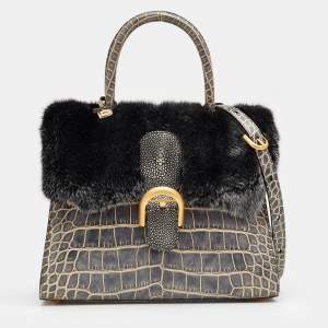 Delvaux Multicolor Mixed Exotic Skin and Fur Le Brillant MM Top Handle Bag