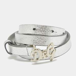 D&G Silver Leather DG Logo Slim Buckle Belt 95CM