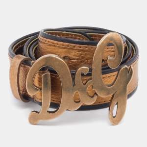 Pre Owned D&G Metallic Gold/Black Leather Logo Buckle Belt 90 CM