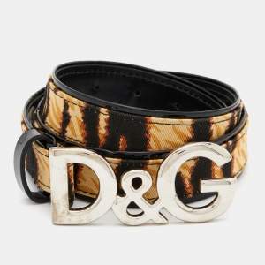 D&G Brown/Black Leopard Print Canvas and Patent Leather Logo Buckle Belt 85 CM
