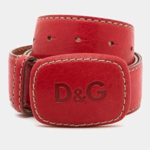 Pre Owned D&G Red Leather Logo Buckle Belt 90 CM
