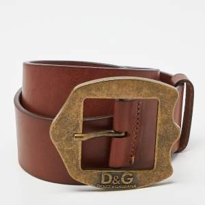 D&G Dark Brown Leather Logo Buckle Wide Belt 90CM