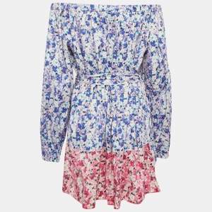 D&G Purple Floral Print Cotton Belted Off Shoulder Mini Dress S