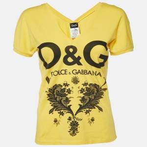 D&G Yellow Printed Cotton V-Neck T-Shirt L