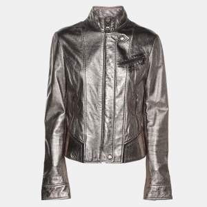 Pre Owned D&G Metallic Silver Leather Zipped Jacket M