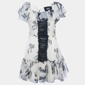 Pre Owned D&G Cream Bow Print Silk Ruffle Mini Dress S