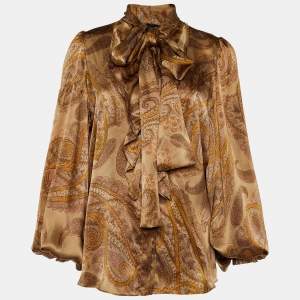 Pre Owned D&G Brown Paisley Print Silk Satin Ruffled Blouse M