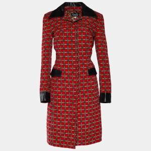 D&G Vintage Red Belt Print Corduroy Leather Trim Coat S