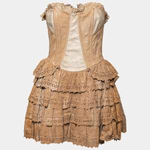 Pre Owned D&G Beige Leather Vintage Eyelet Mini Cocktail Dress M