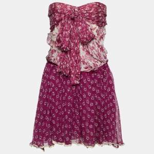 D&G Purple Floral Printed Silk Chiffon Tie Detail Strapless Mini Dress S