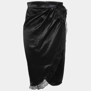 D&G Black Silk Satin Lace Trimmed Draped Skirt M