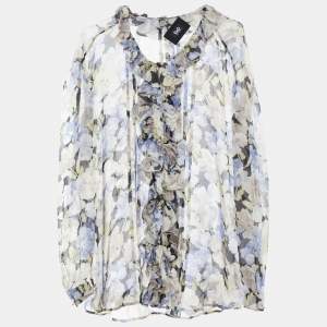 D&G Grey & Blue Floral Printed Silk Ruffled Shirt L