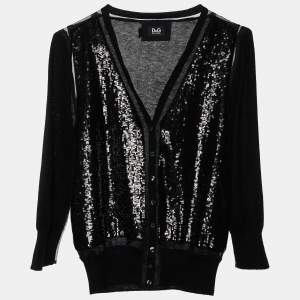 D&G Black Sequin Embellished Cashmere Button Front Cardigan L
