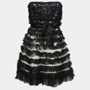 D&G Black Silk Ruffled Belted Strapless Mini Dress M