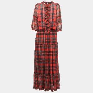 D&G Red Tartan Printed Silk Ruffled Tiered Maxi Dress M