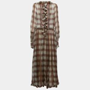 D&G Grey Checked Chiffon Silk Ruffled Tiered Maxi Dress M