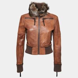D&G Brown Leather Fur Collar Bomber Jacket S