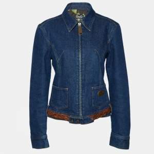 Pre Owned D&G Blue Denim Leather Trim Detail Zip Front Jacket M