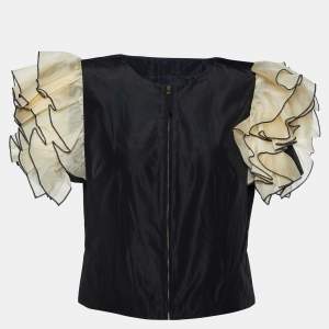 D&G Black Silk Contrast Ruffle Sleeve Top L