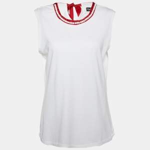 D&G White Cotton Knit Neck Tie Detail Sleeveless Top XL
