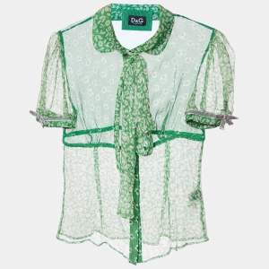 D&G Green printed Silk Neck Tie Detail Top S