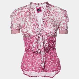 D&G Pink Floral Printed Silk Neck Tie Detail Top S