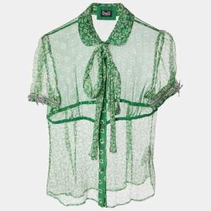 D&G Green Floral Printed Silk Neck Tie Detail Top M
