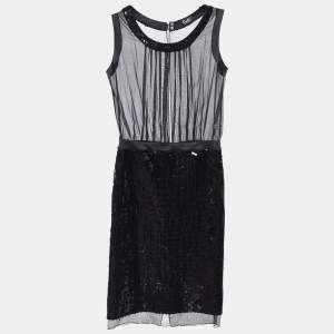 D&G Black Silk & Sequin Sheer Detail Midi Dress M