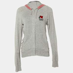D&G Grey Cotton Knit Contrast Velvet Detail Zip Front Hoodie L
