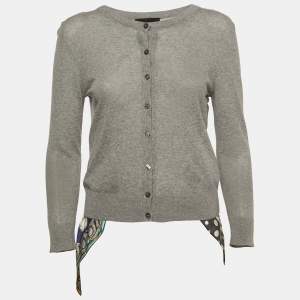 D&G Grey Knit & Print Silk Button Front Cardigan M
