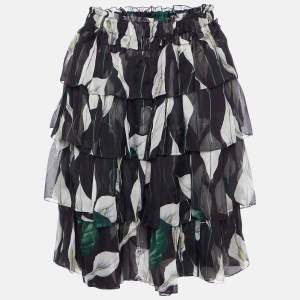 D&G Black Calla Lilly Print Silk Chiffon Tiered Skirt S