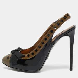 D&G Grey/Black Patent Leather Bow Slingback Pumps Size 40