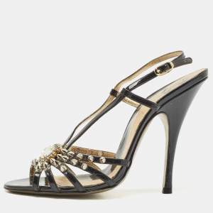 D&G Black Patent Leather Studded Slingback Sandals Size 40