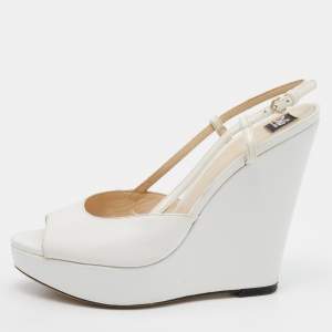 D&G White Leather Peep Toe Wedge Slingback Sandals Size 36