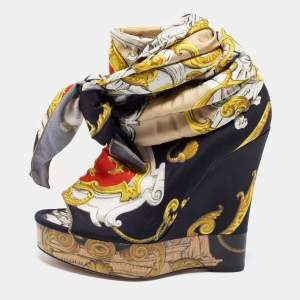 Pre Owned D&G Multicolor Printed Silk Scarf Open Toe Ankle Wrap Wedge Pumps Size 38