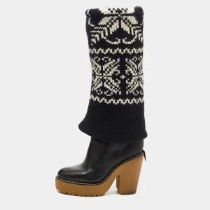 D&G Black Knit and Leather Knee Length Boots Size 39.5