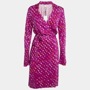 Diane Von Furstenberg  Magenta Pink Floral Print Silk New Jeanne Two Wrap Dress XL