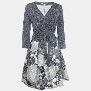 Diane Von Furstenberg Navy Blue Wool Blend and Knit Dream Dot Mid Jewel Wrap Dress XL