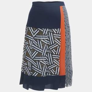Diane Von Furstenberg Navy Blue Printed Crepe Pleated Midi Skirt XL