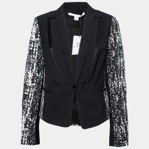 Pre Owned Diane von Furstenberg Black Crepe Jacquard Paneled Olena Jacket M